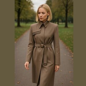 VTG LAVIA 18 MADE IN ITALY TAN MIDI TRENCH COAT W BELT & CONCEALED BUTTON SZ 18